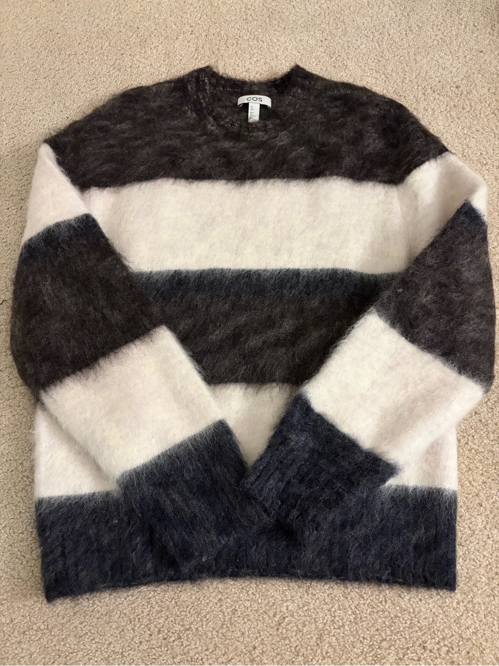 COS Men’s Striped Crewneck Mohair Sweater in White and Charcoal